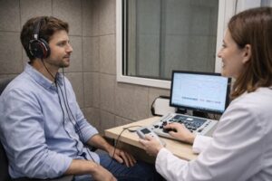 מטפלת עושה לגבר בדיקת שמיעה